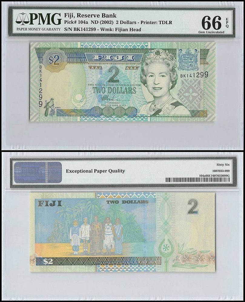 Fiji 2 Dollars, 2002 ND, P-104, PMG 66
