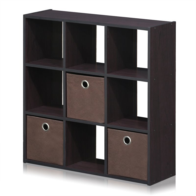 Furinno Engineered Wood Simplistic 9-Cube Organizer with Bins in Dark Walnut