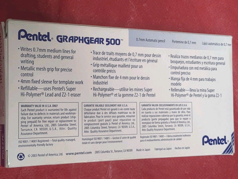 PG527C Pentel GraphGear 500 Automatic Drafting Pencil, 0.7mm, Blue, 12 Each