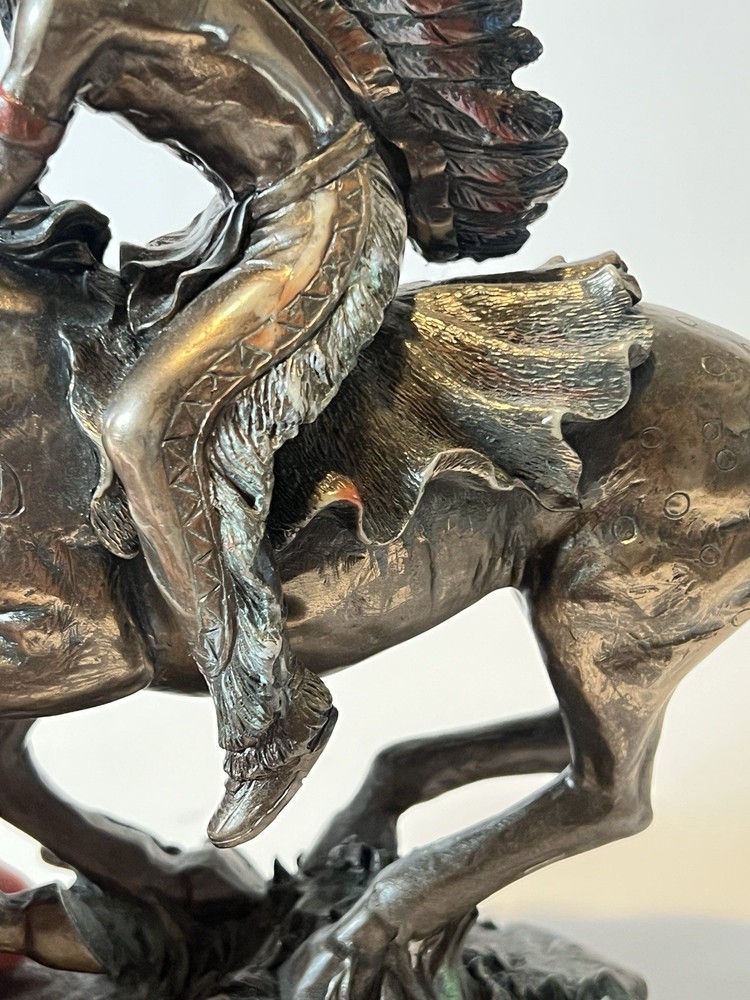 Native Indian Chief Spear Warrior With Eagle War Bonnet Roach On Horse Statue