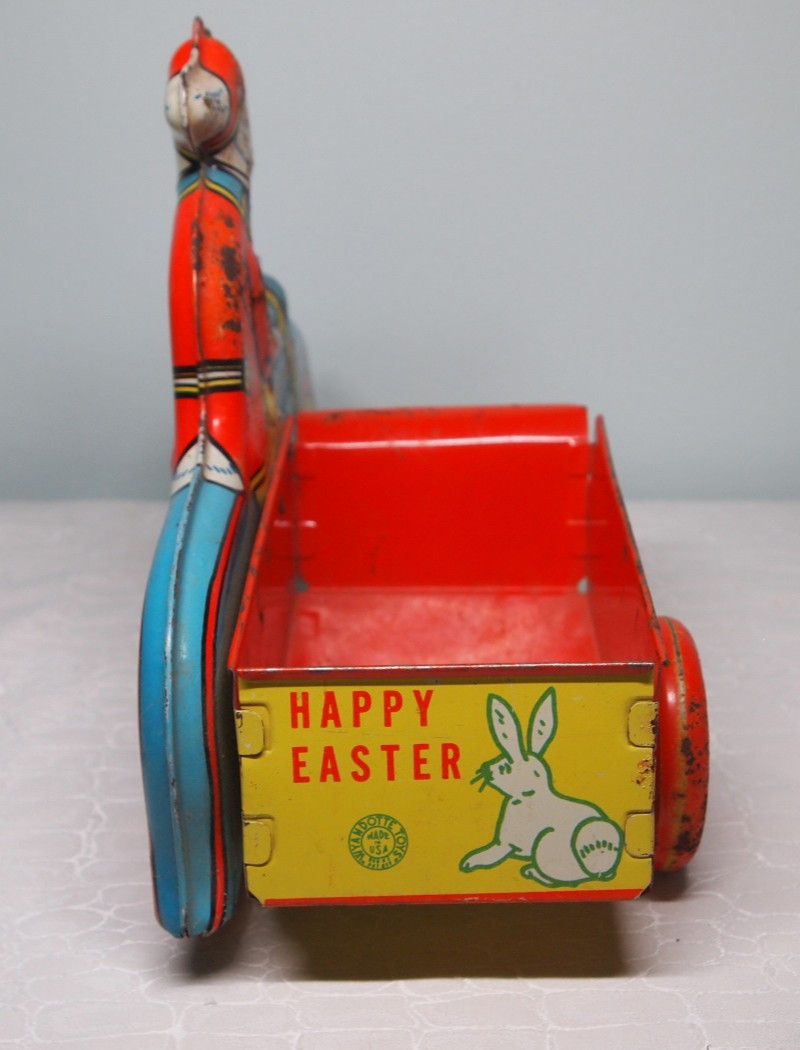 Vtg Tin Easter Car Bunny Delivery Motorcycle & sidecar rolled steel litho