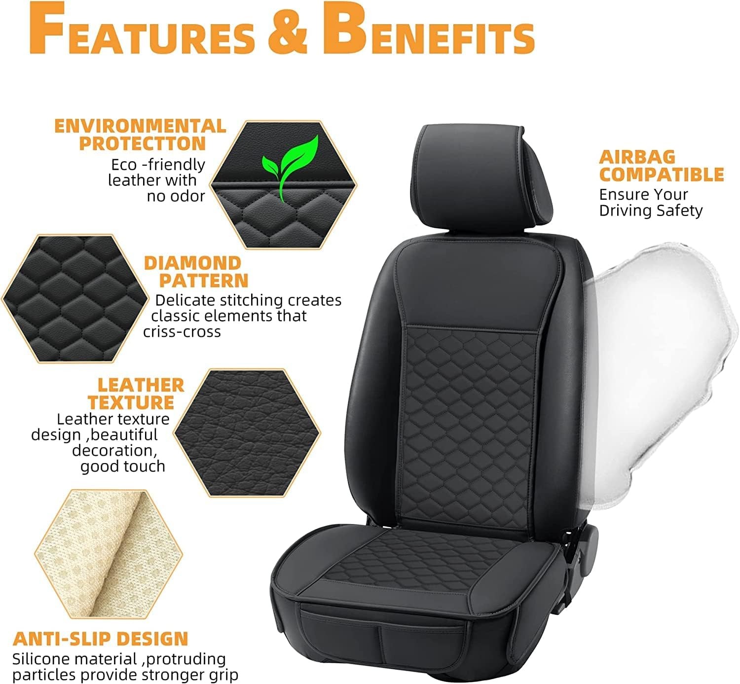 Elantrip Front Car Seat Covers Leather Black 2PCs New