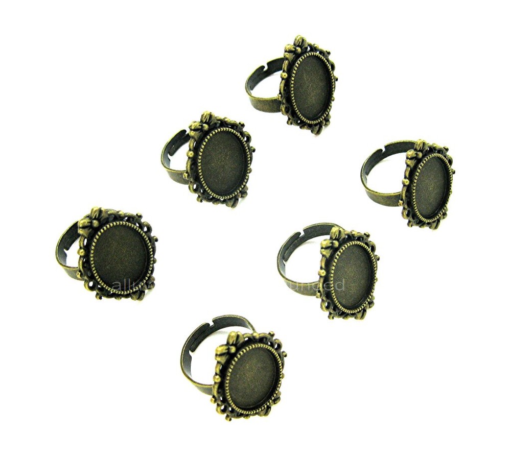 6 Antique Bronzetone Goth 18mm x 13mm CAMEO Bows Adjustable RING SETTINGS FRAMES