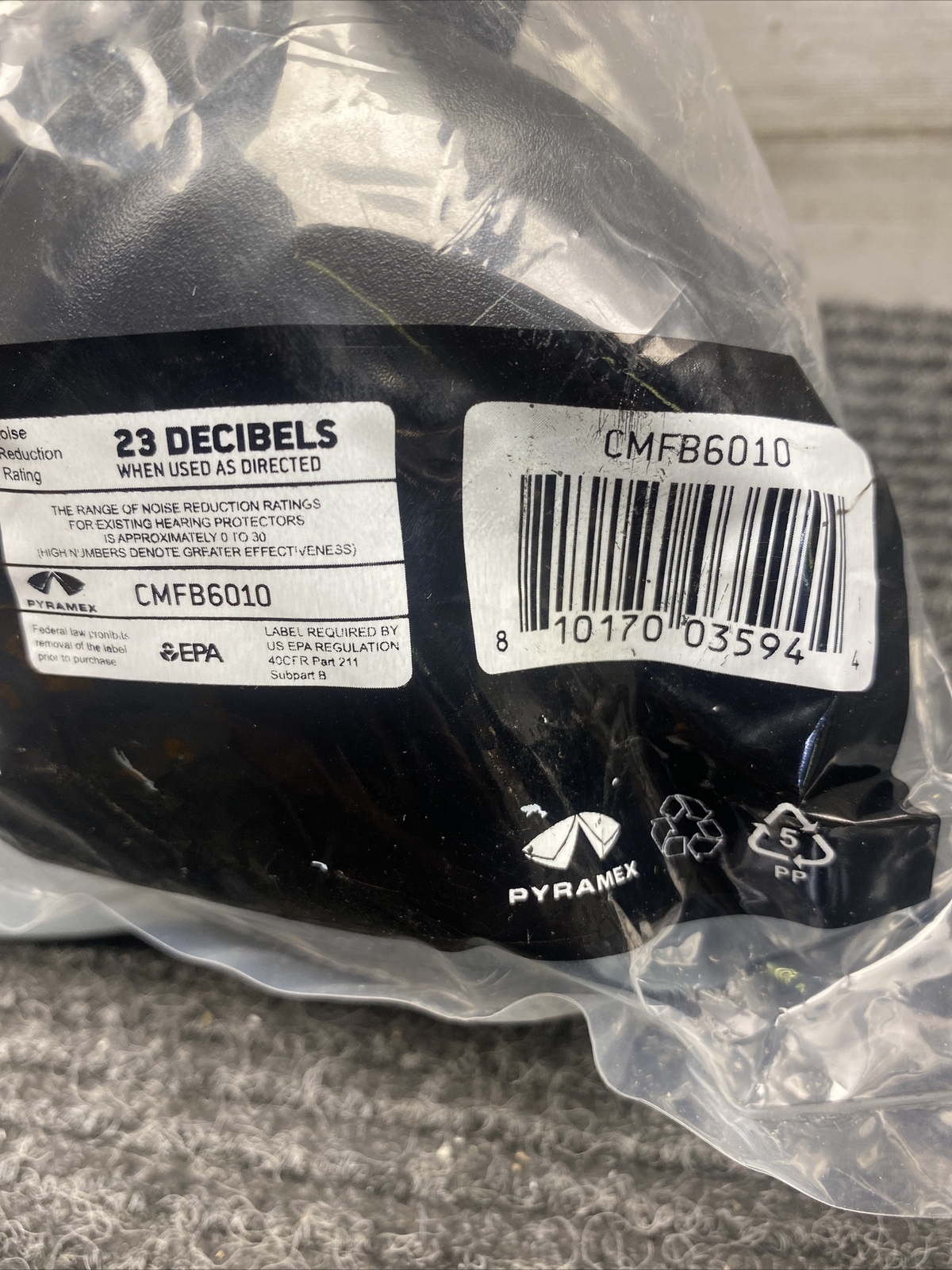 Pyramex Black Dielectric Hard Hat Cap Mounted Earmuffs, CMFB6010, NRR 23dB, New