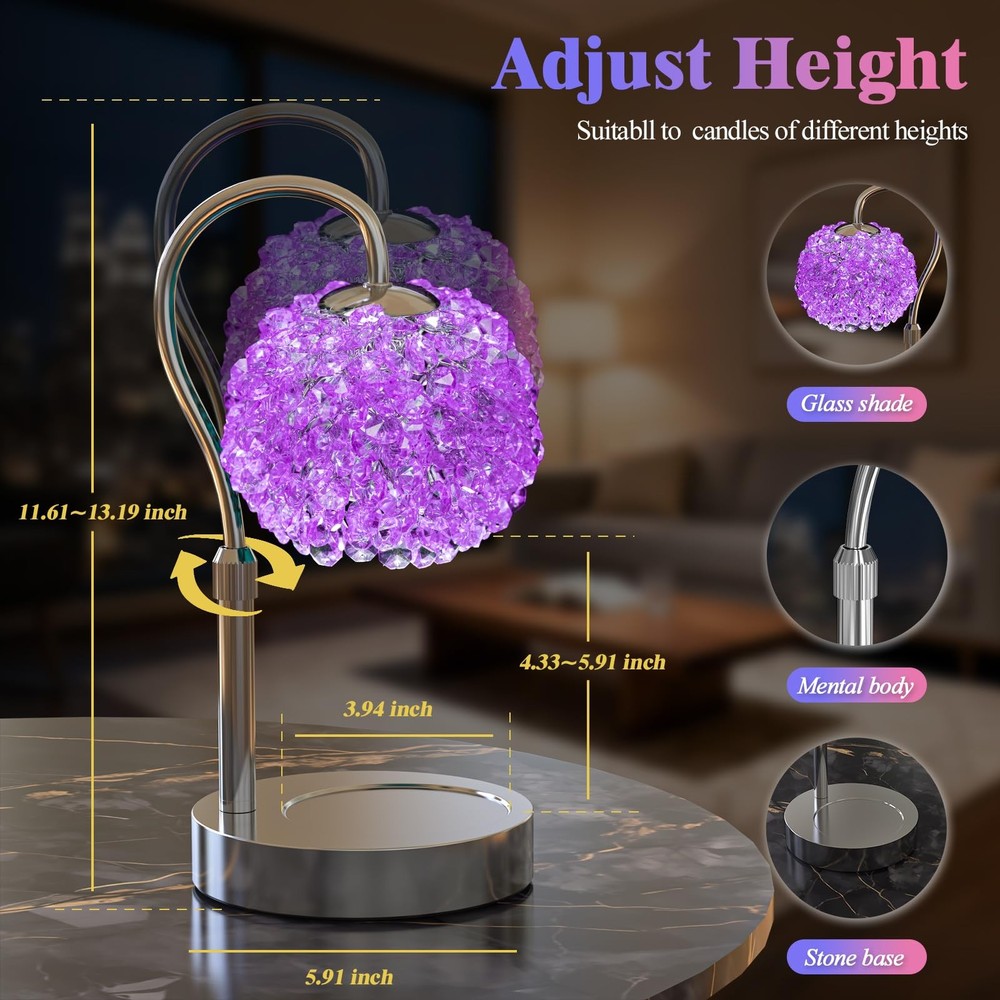 Luxury Candle Warmer Lamp with Timer & Dimmable Brightness, Crystal Gemstone ...