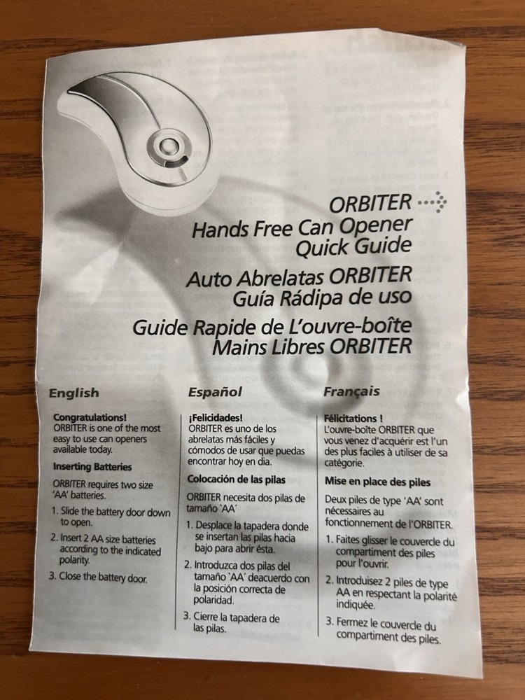 Orbiter Hands-Free Can Opener New Opened Box