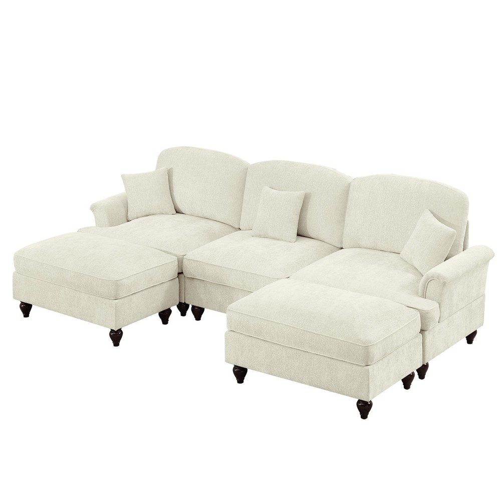 U-Shape Sectional Sofa w/ Removable Skirts, Flared Arms & Ottomans - Beige