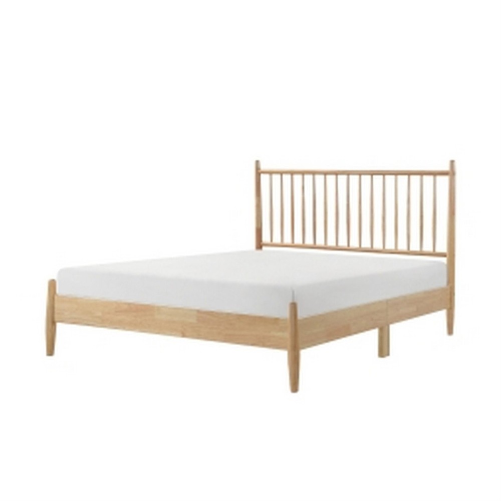 Lika Queen Size Platform Bed- Vertical Slatted Headboard- Natural Brown