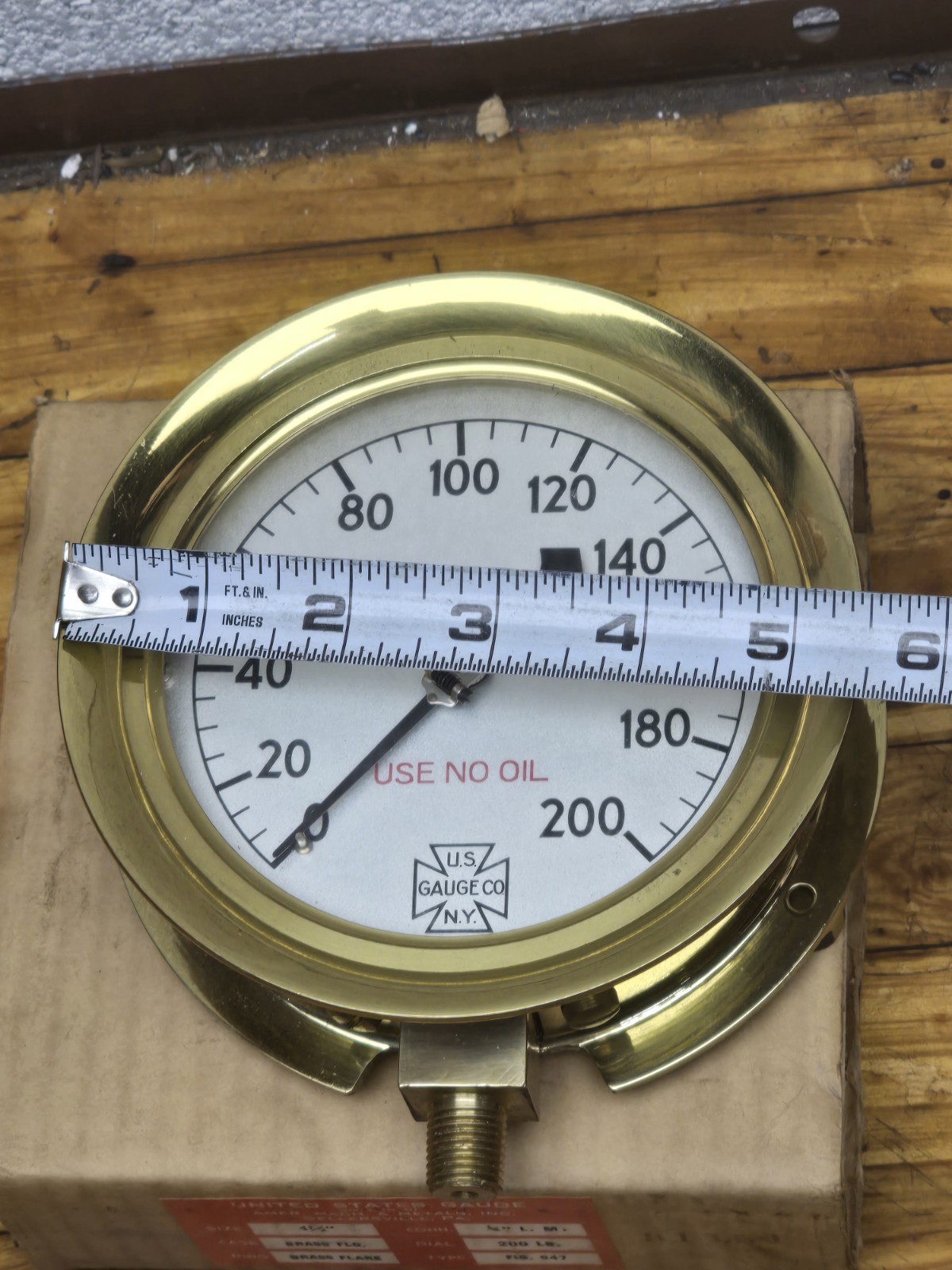 Vintage Industrial U.S. Gauge Co. 4-1/2" Brass 200PSI Steam Pressure Gauge NOS