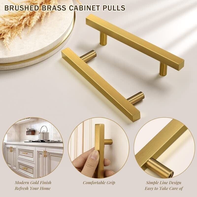20 Pcs Gold Brass Brushed Square Modern Cabinet Handles Pulls Kitchen Hardware