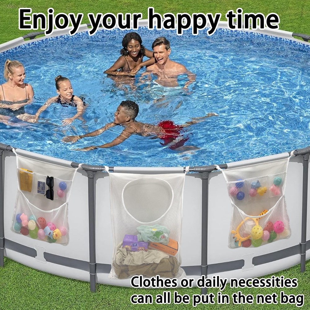 Poolside Pool Float Storage, 3-Pack Mesh Storage Bags with 6 Adhesive Hooks &...