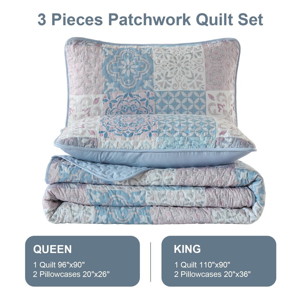 Dobuyly Quilt Set King Size, Light Blue/Pink Patchwork King, Blue