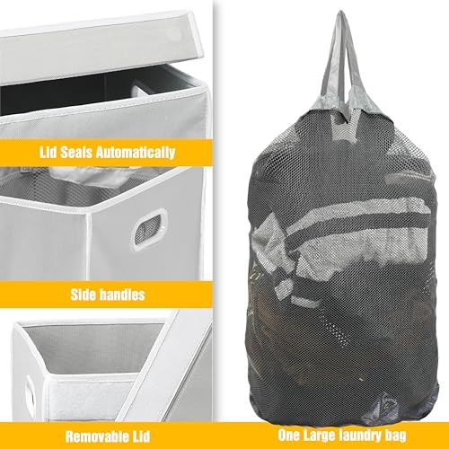 Foldable Laundry Hamper Basket with Lid and Removable Bag, Gray Grey