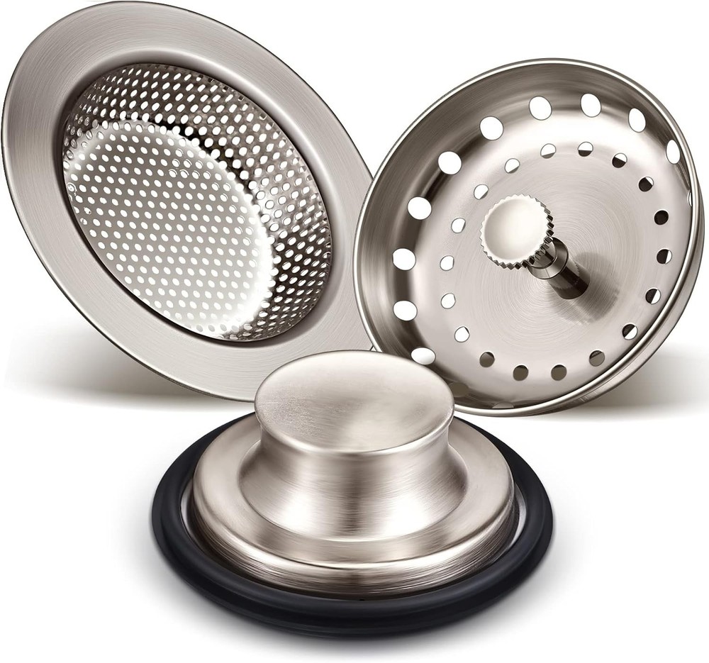 Rustproof Brushed Silver Kitchen Sink Drain Strainer and Stopper Set - 3 Pieces