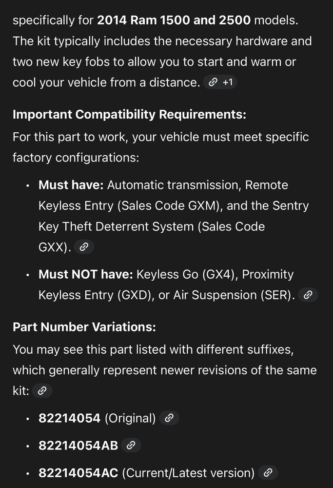 Remote Start Kit Mopar 2014 Ram 1500 2500 W/ 2 Keyfobs