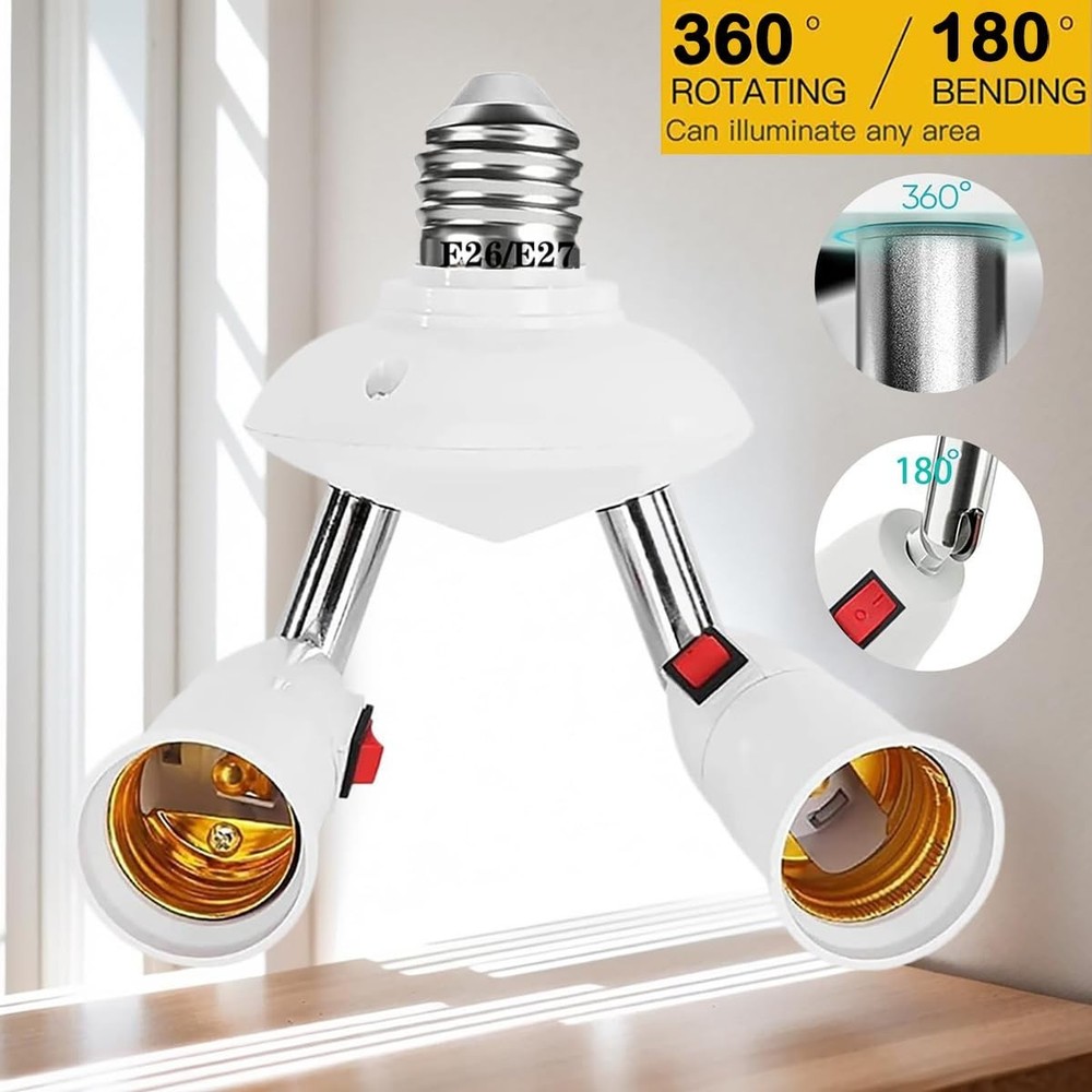 2-in-1 Light Socket Extender E26/E27 to 2 Bulb Adapter Adjustable 360° Rotatable