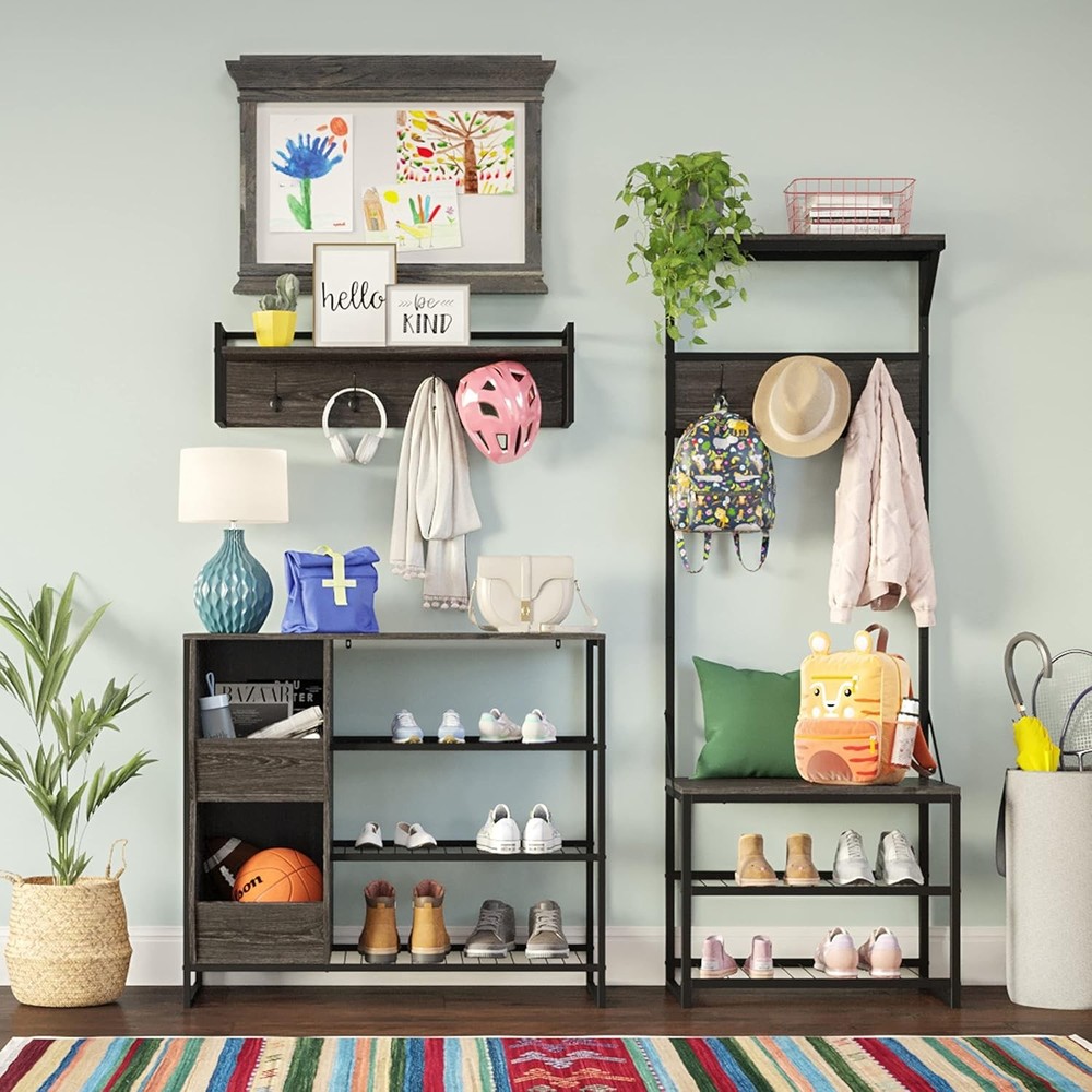 Afton Transitional Wood Hall Tree W/ Metal Frame in Gray