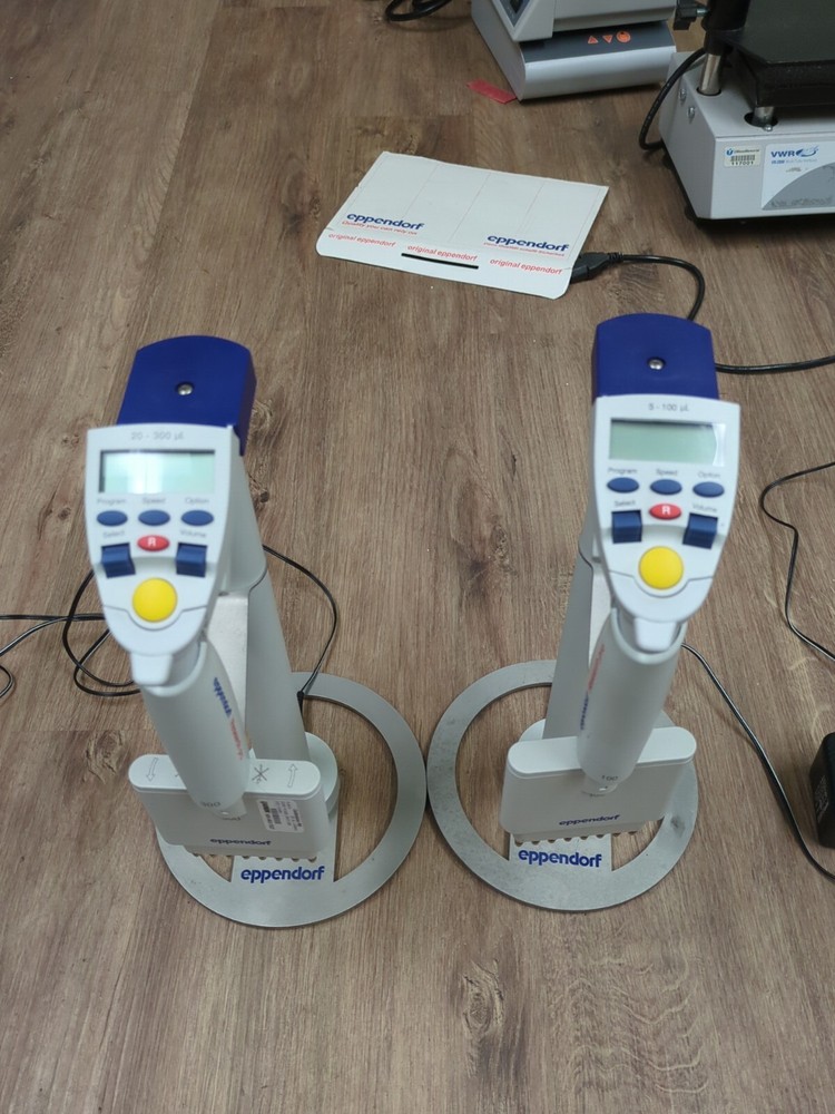 2 Eppendorf Research Pro (8) Multichannel Digital Electric Pipettes with Stands