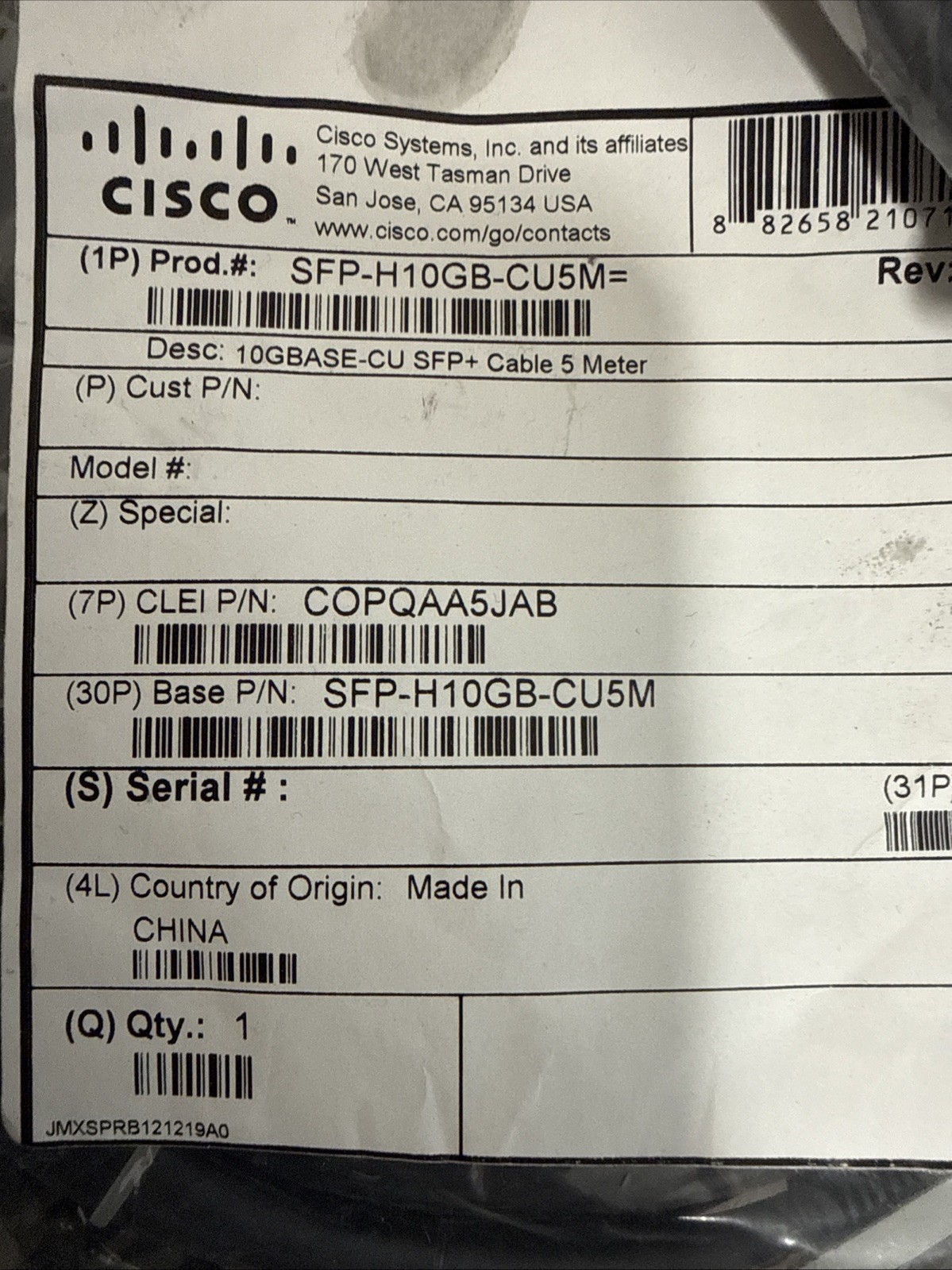 Lot 6pc Cisco SFP-H10GB-CU5M 5M SFP Twinax Fibre Cable Black 5 Meter