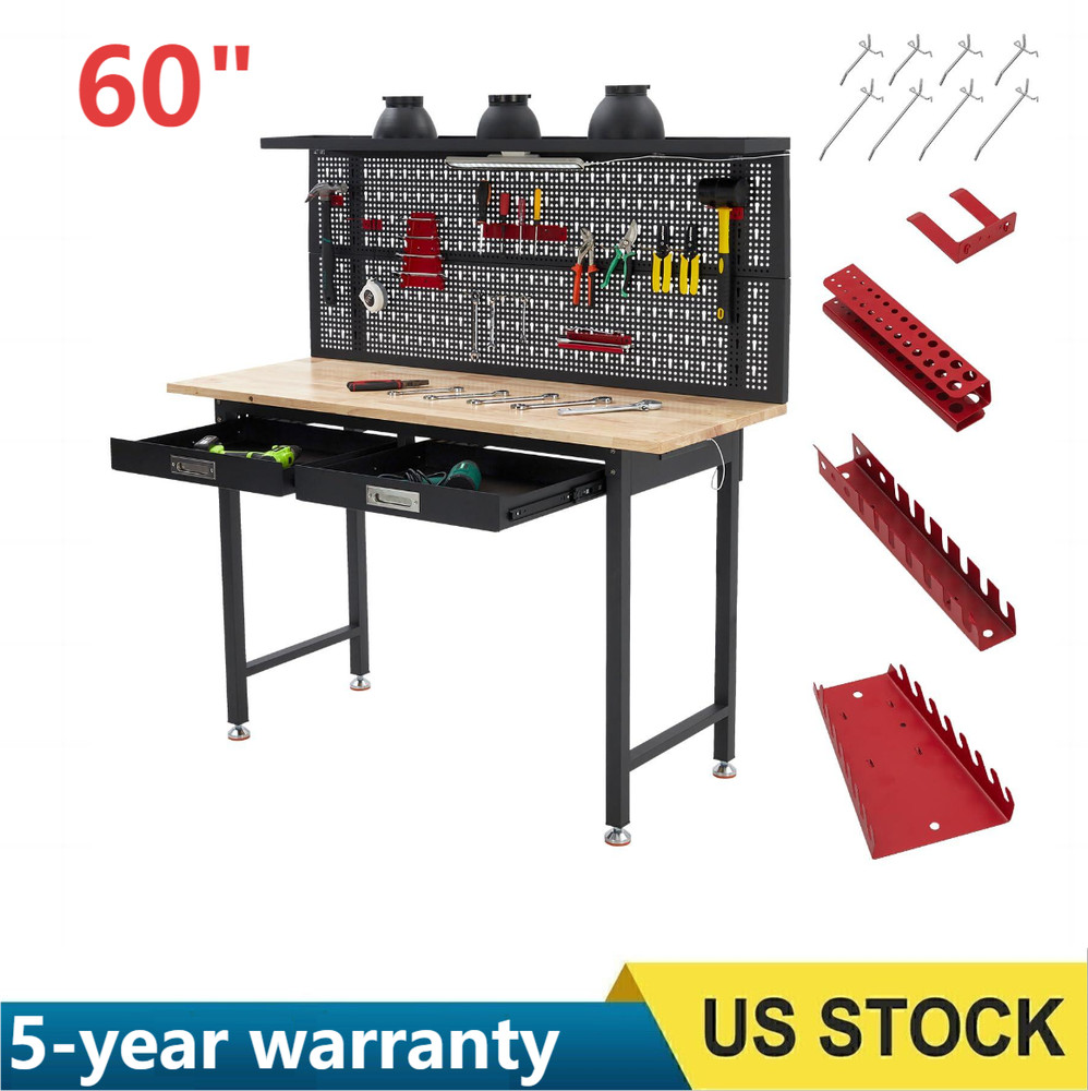 ✨60" Adjustable Heavy Duty Workbench 2000 LBS Work Table with 2 Drawers LED Ligh