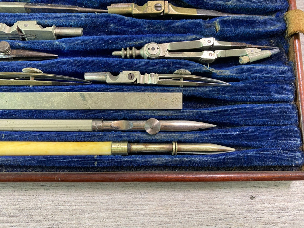 Vintage Engineering Draughtsman Set Technical Drawing Instruments Wooden Case