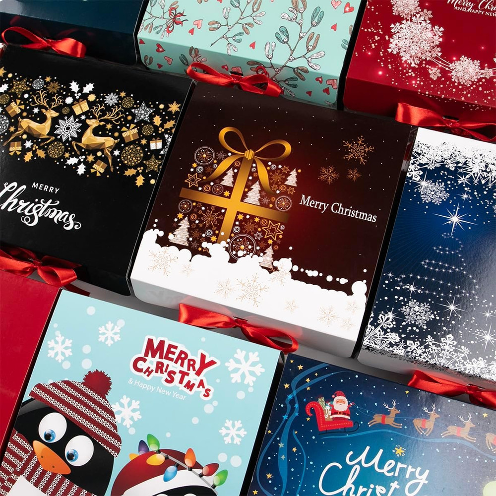 Boxes with Lids 6 Pack Small Gift Boxes with Red Ribbon and Themed Pattern for