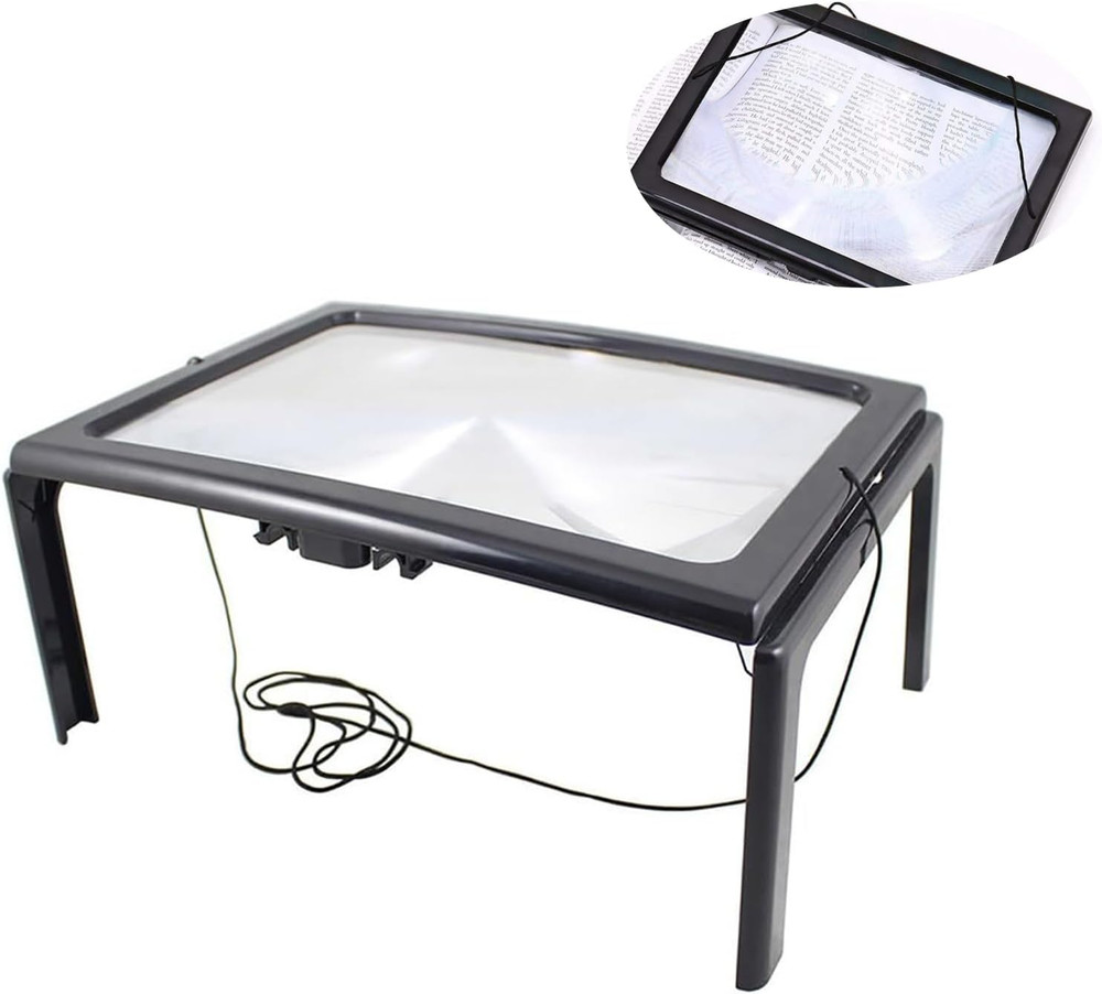 Full Page Reading Magnifier Standing Hands Free Desktop Portable 4 LED Light Pro