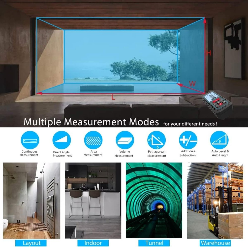 Digital Laser Measure 393ft, Angle Sensor, 2mm Accuracy, LCD, Battery Included