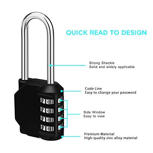 Long Shackle Padlock 4 Digit Combination Lock Resettable Weatherproof Combo Lock