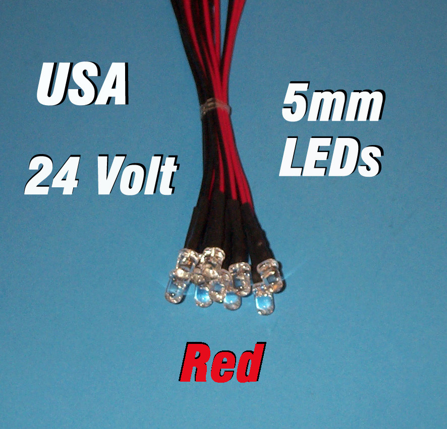 10 LEDS 5mm PRE WIRED 24 VOLT RED  24V PREWIRED