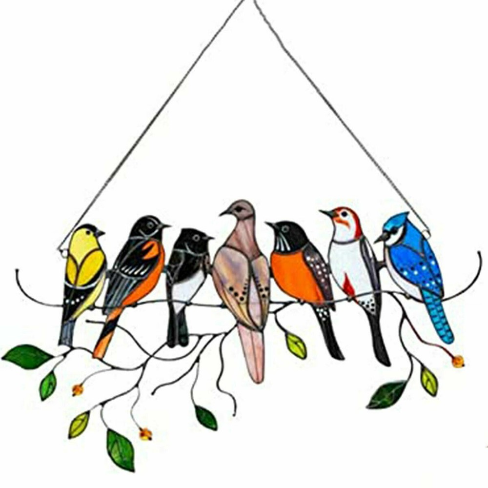 Multicolor 7 Birds on a Wire High Suncatcher Window Panel Hanging Home Decor