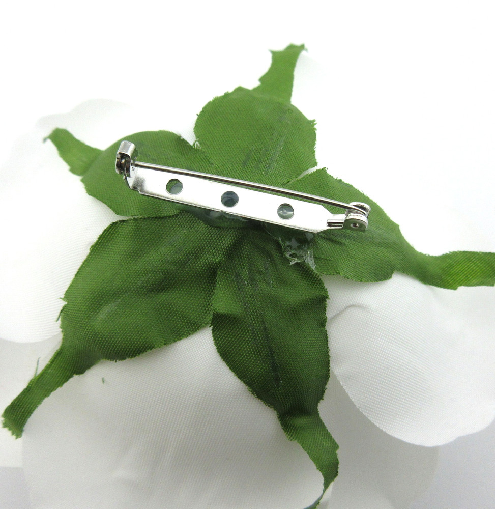5" Bright White Rose Silk Flower Brooch Pin with Locking Bale