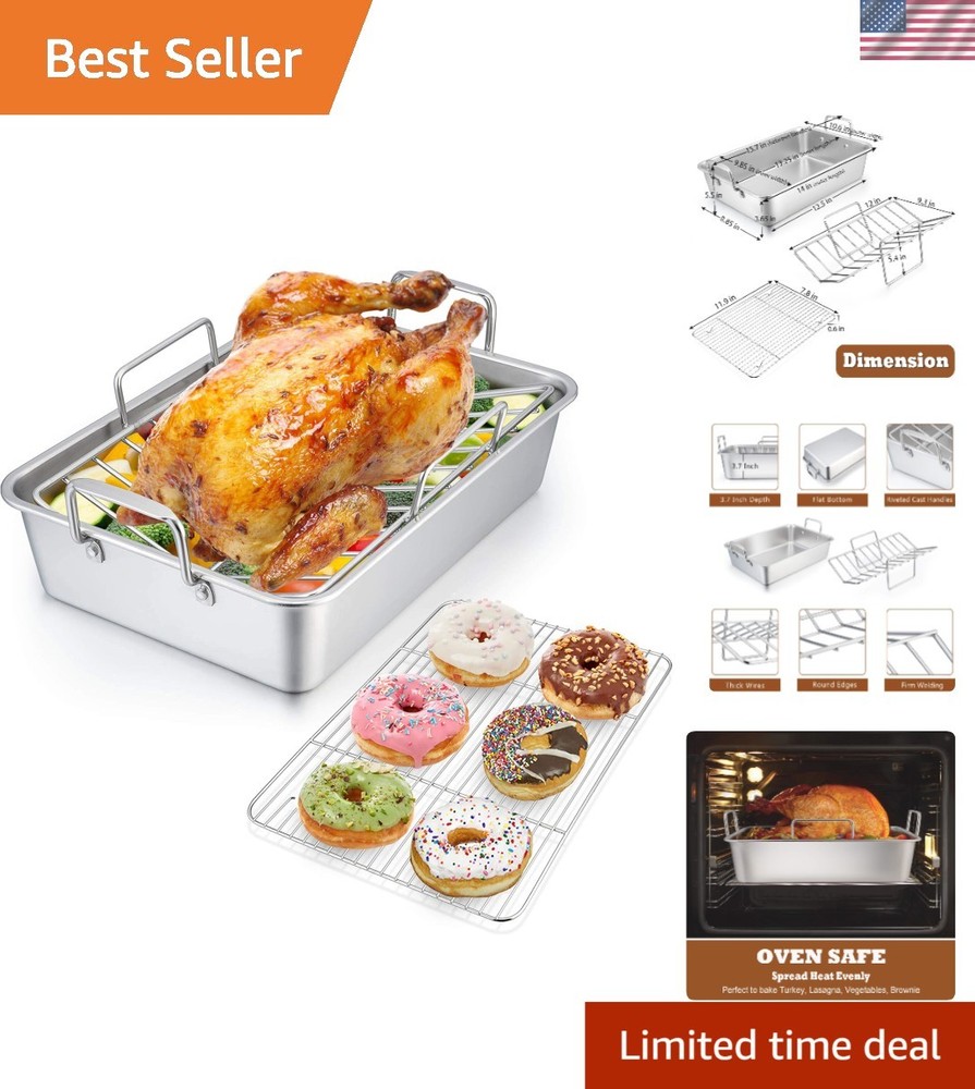 14-Inch Healthy Roasting Pan with Dual Racks - Dishwasher Safe & Durable