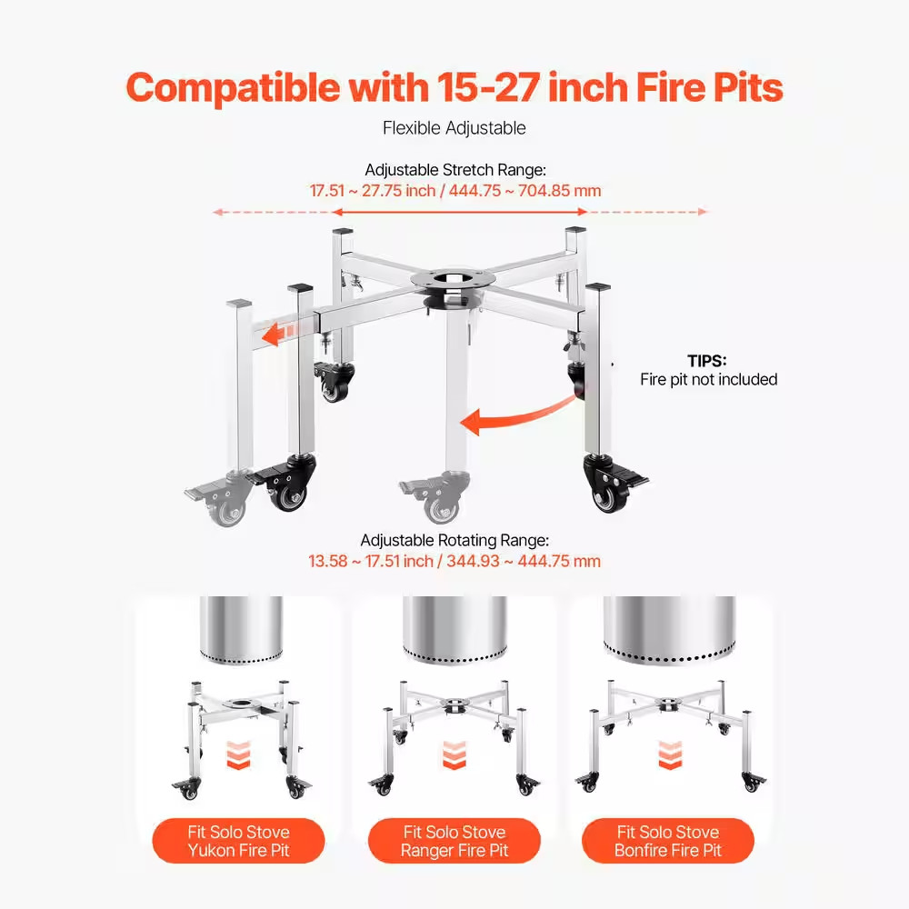 Fire Pit Stand, 15-27 In. Adjustable Stretch with 4 Casters, Firepit Stand for S