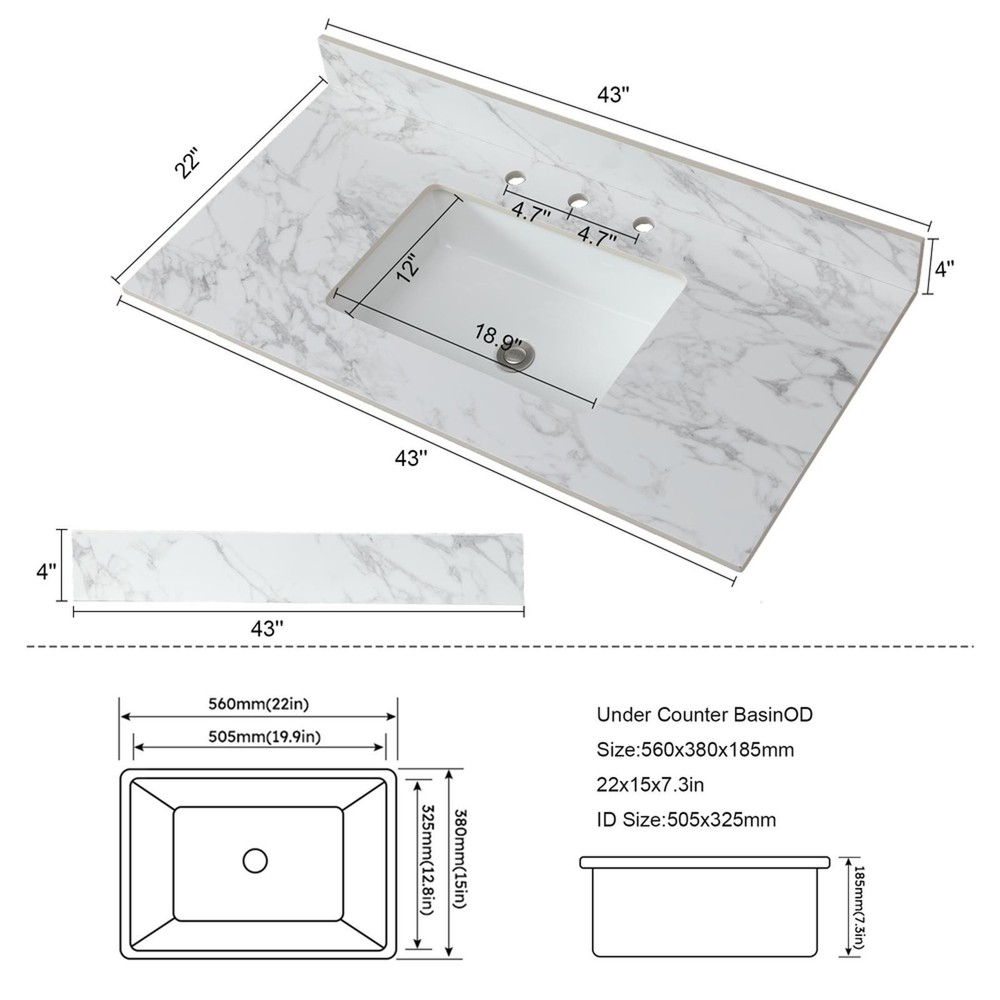 43"x22" Sintered Stone Bathroom Vanity Countertop with Rectangular Ceramic