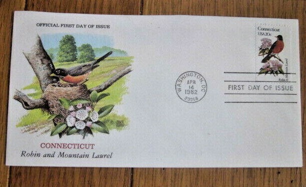 CONNECTICUT STATE BIRD & FLOWER 1982 ROBIN & MOUNTAIN LAUREL    FDC