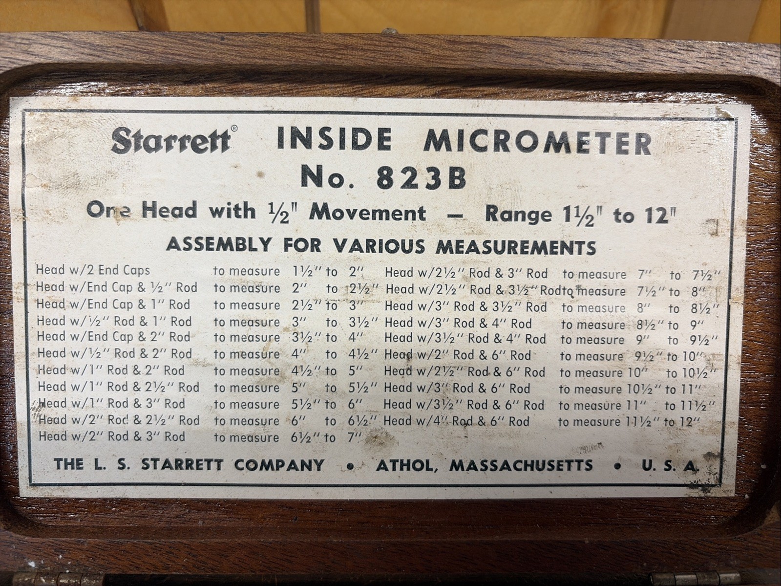 Vtg Starrett 823B Inside Micrometer 1-1/2"-12" w/ Wood Case Machinist Inspection