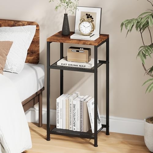 Small Side Table Set of Tall End Table with Adjustable Shelf, 2 Rustic Brown