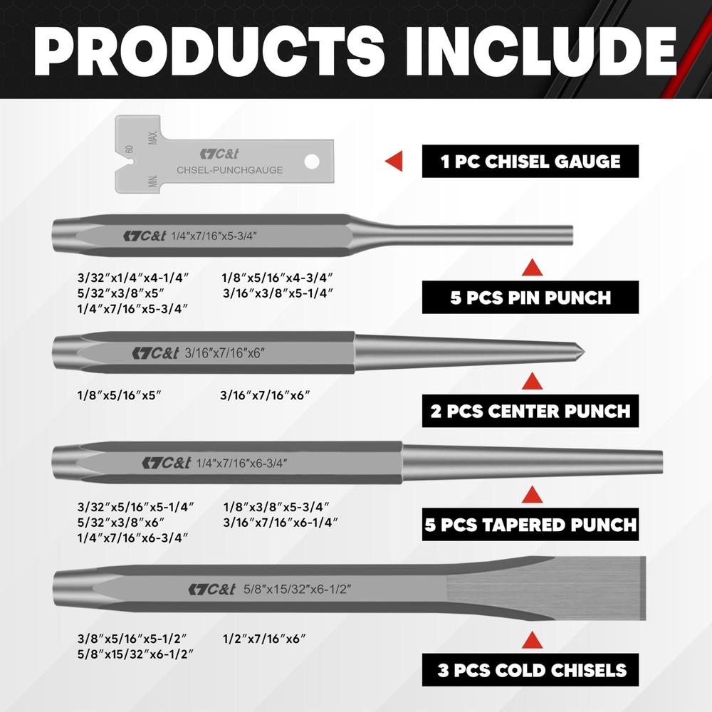 C&T 16-Piece Punch and Chisel Set with Storage Pouch, Including