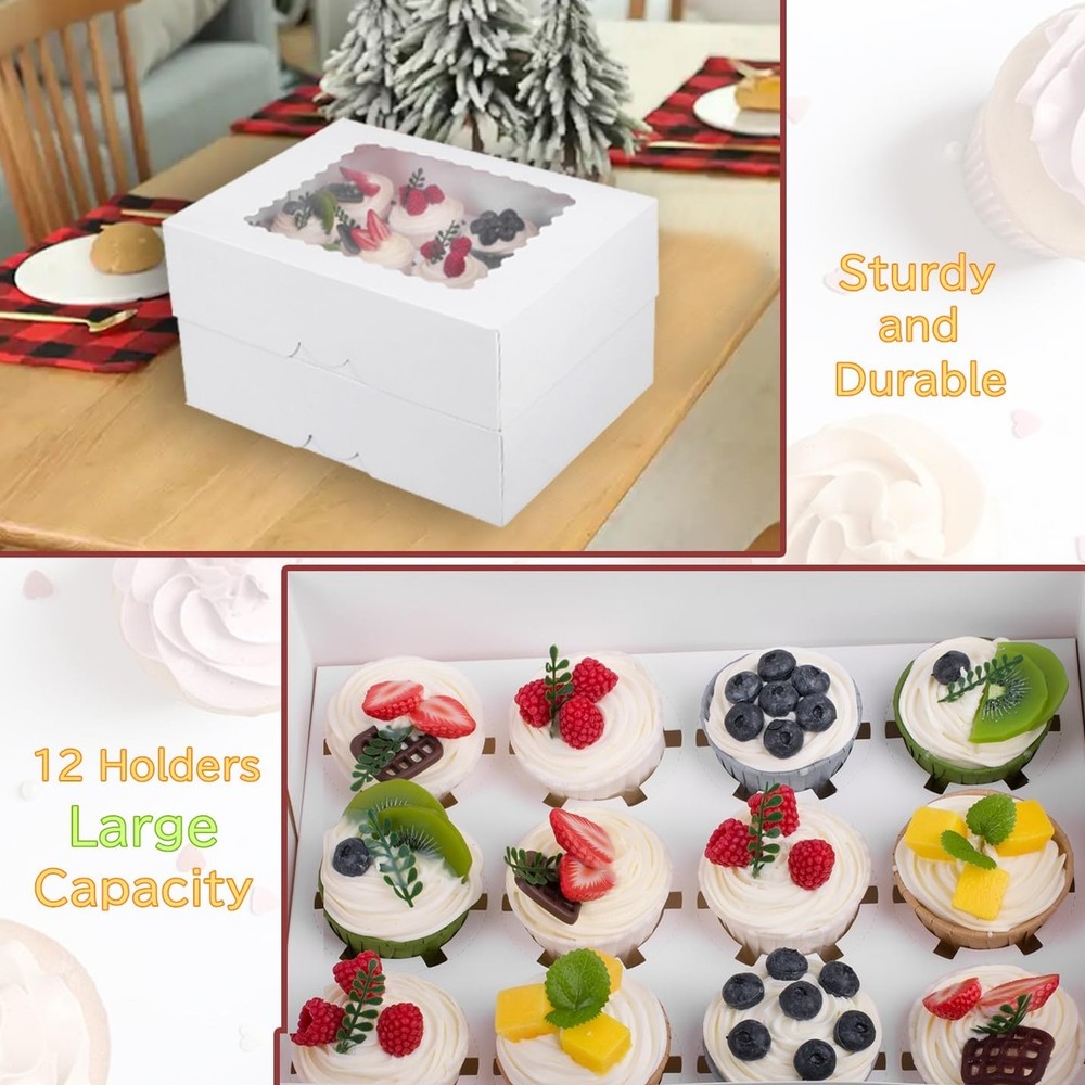 Pre-folded 12 count Cupcake Boxes, 15-Set Cupcake Container with Window Trans...
