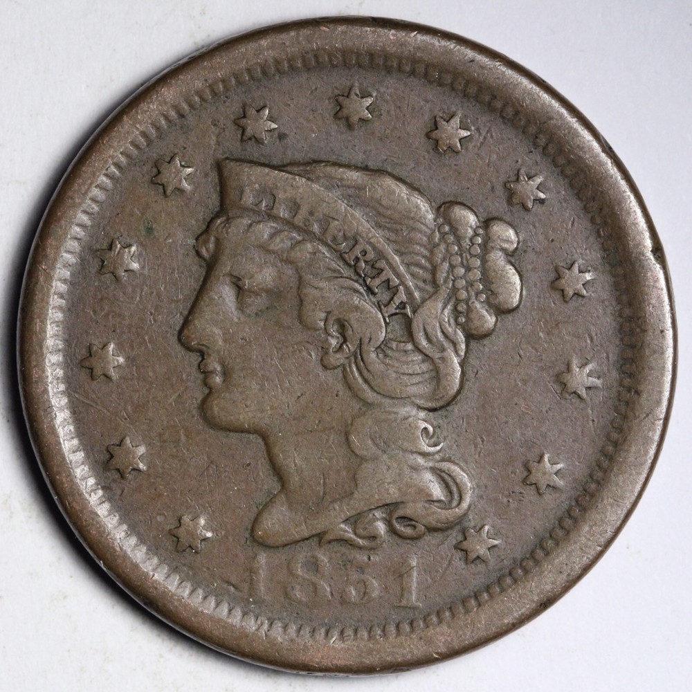 1851 Braided Hair Large Cent CHOICE VF+ E159 GNC