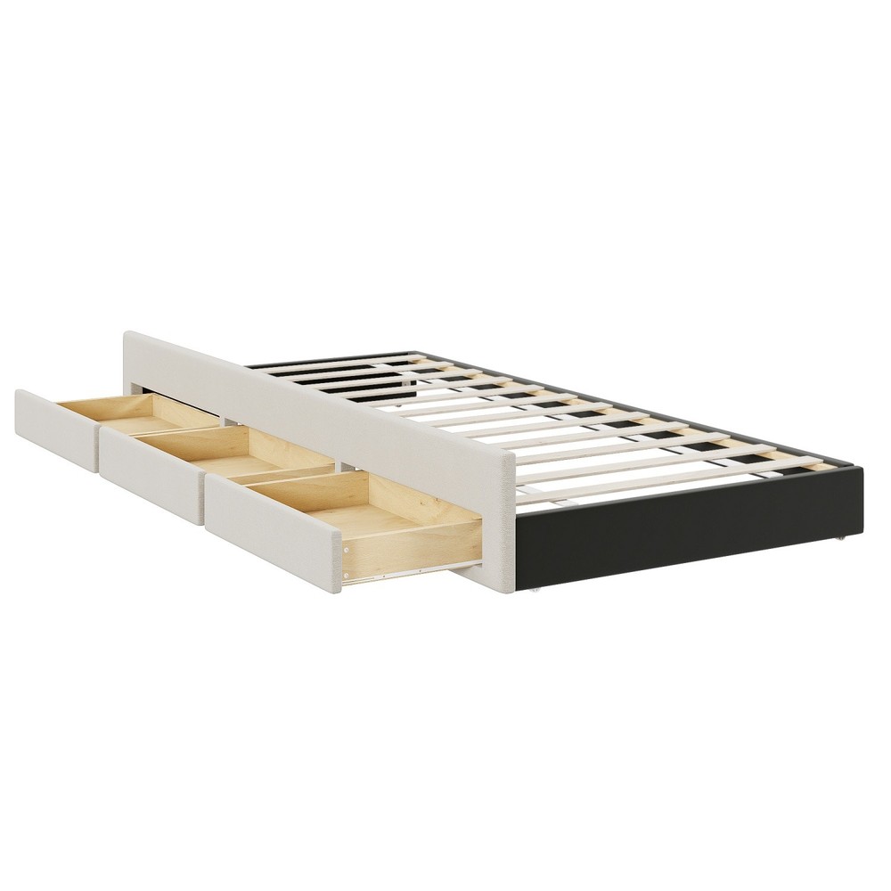 Full Size Bed Frame Linen Upholstered Platform Bed w/ Trundle Bed & 3 Drawer