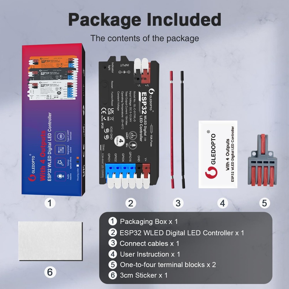ESP32 WLED Controller 4 Channel Outputs 15A Fuse Link TI Level Shifter UART D...