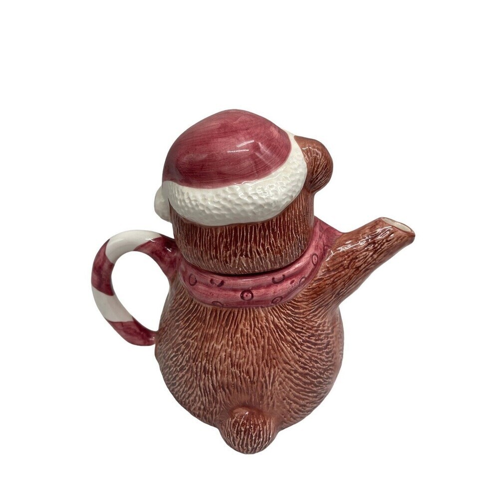 Christmas Brown Bear Teapot Candy Cane Handle RARE Ceramic