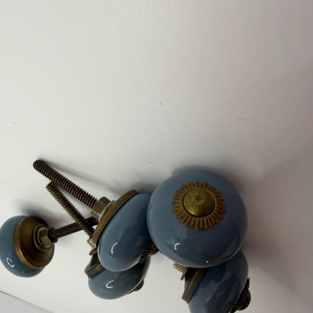 Set of 5 Slate Blue Ceramic Drawer Pulls Vintage Brass Flower Cabinet Knobs