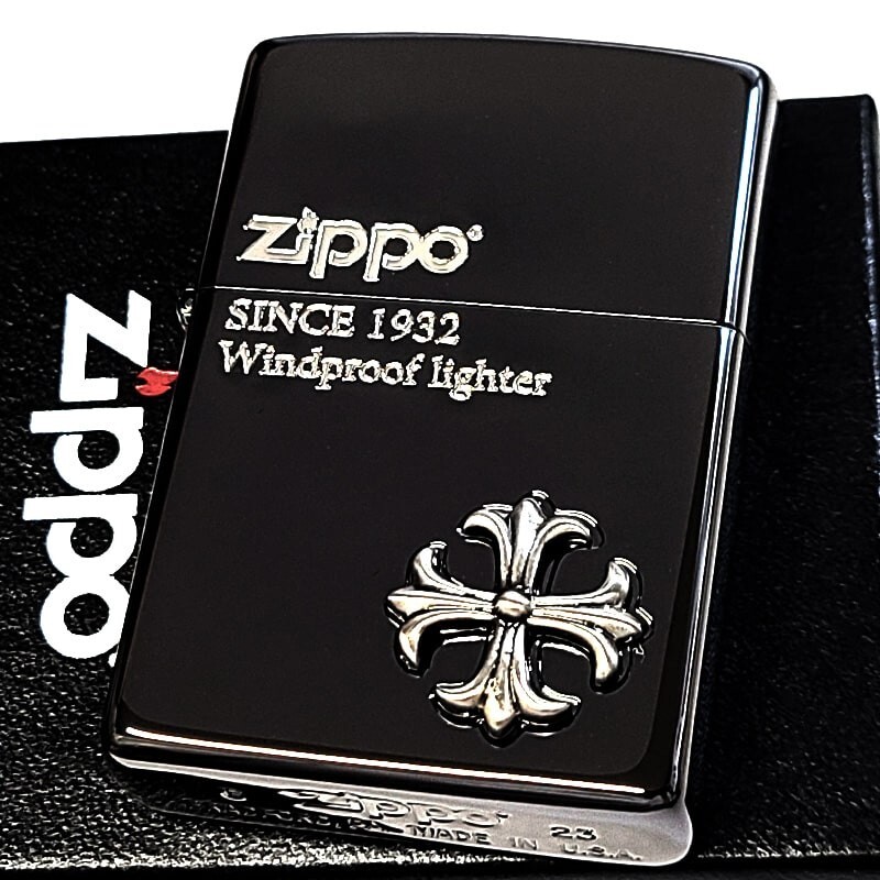Zippo Cross Metal Silver Black One Sided Processing Etching Engraving Lighter