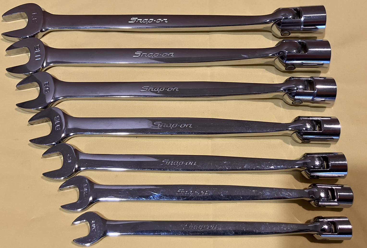 SNAP-ON TOOLS FHO12-FHO24 7 PIECE FLEX HEAD OPEN END COMBINATION WRENCH SET-NICE