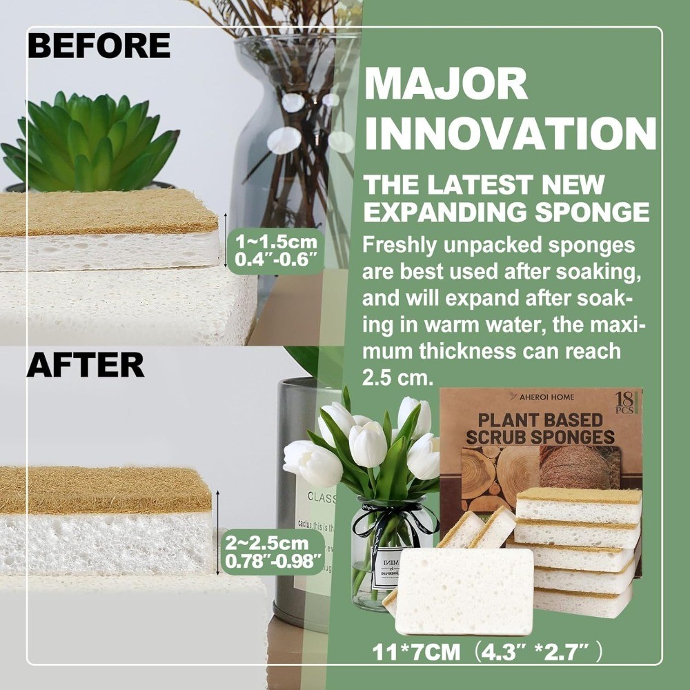 Natural Plant-Based Biodegradable Dish Sponges 18 Count Compostable Kitchen