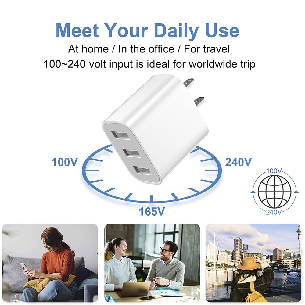 USB Wall Charger 3 Pack 3-Port USB Charger Block Wall Adapter Charging Cube