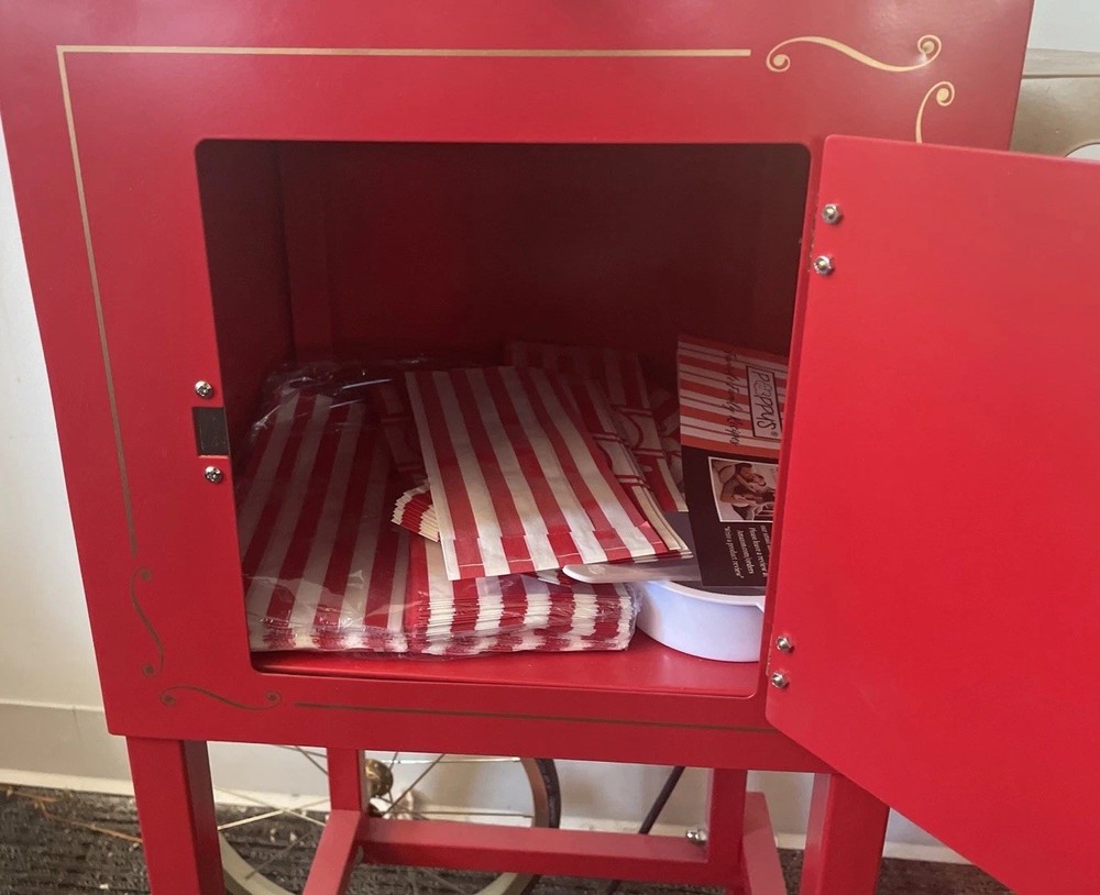 "old fashioned movie time popcorn" wheeled popcorn machine